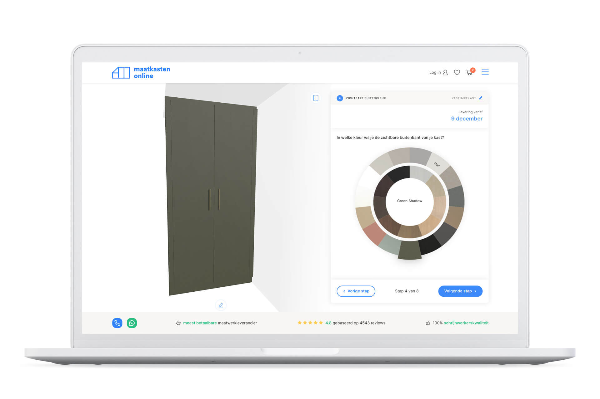 Ontwerp van een groene maatkast in de configurator van Maatkasten Online 