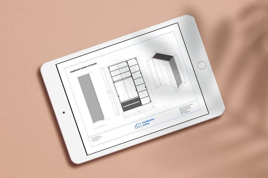 Een productietekening van Maatkasten Online op een witte iPad